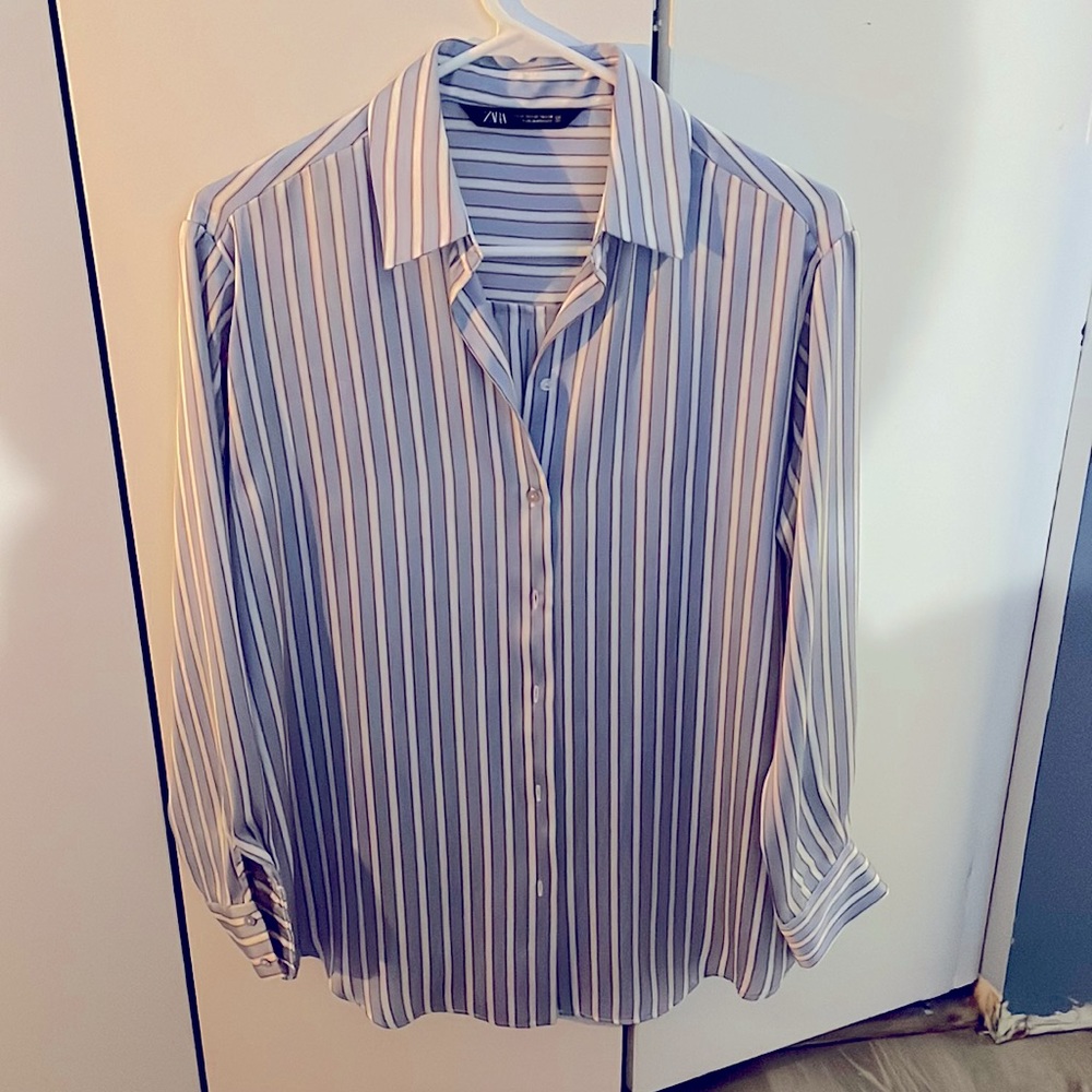 Zara striped blue and white satin shirt XS new